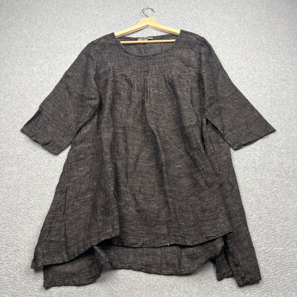 FLAX Tunic Womens Medium Black Textured 100% Linen Lagenlook 3/4 Sleeve Longline